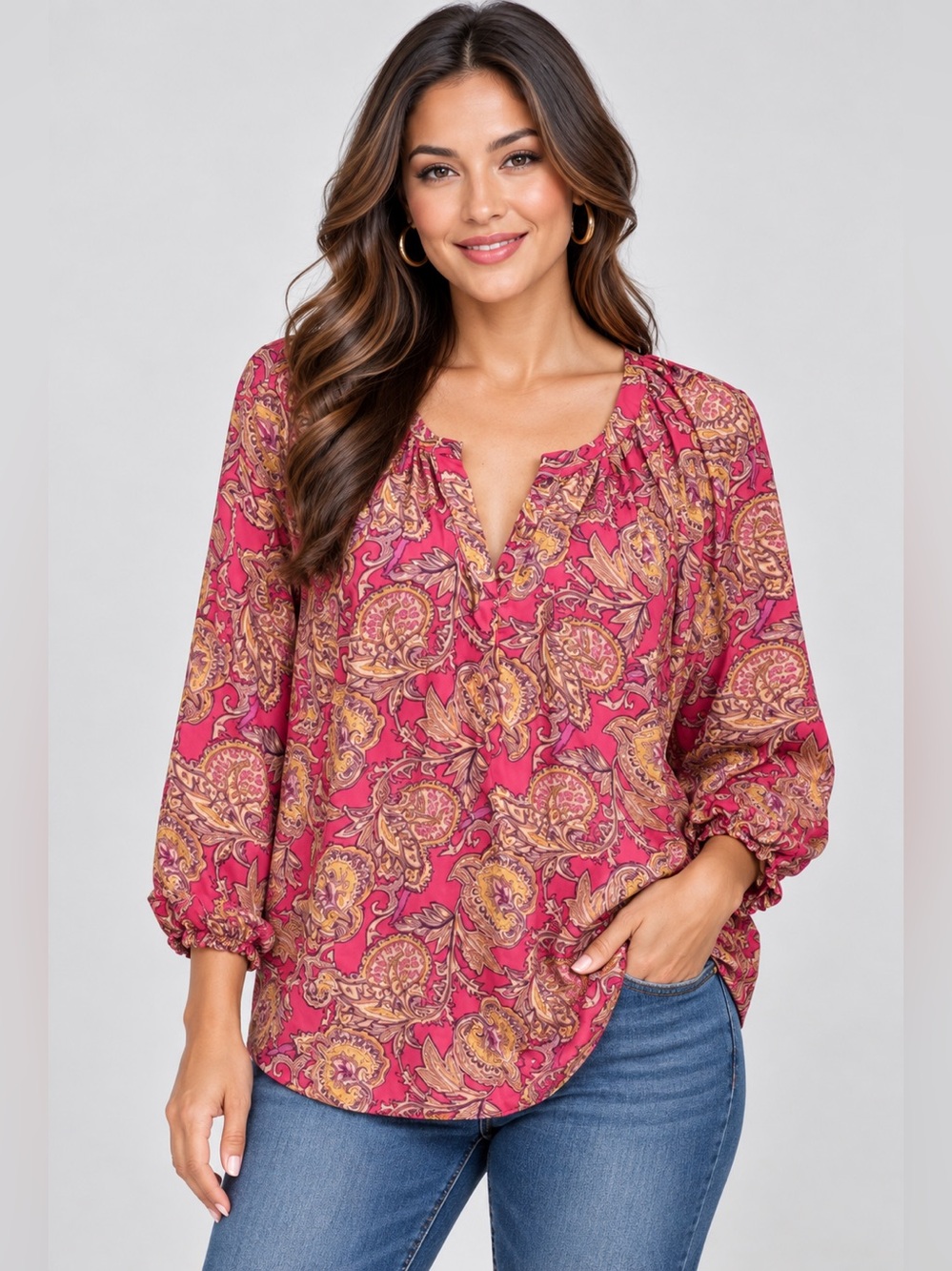 Ann Taylor LOFT pink paisley peasant balloon sleeve, popover